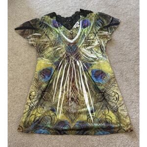 Y2K Peacock Bedazzled Fit And Flare Top Size Small